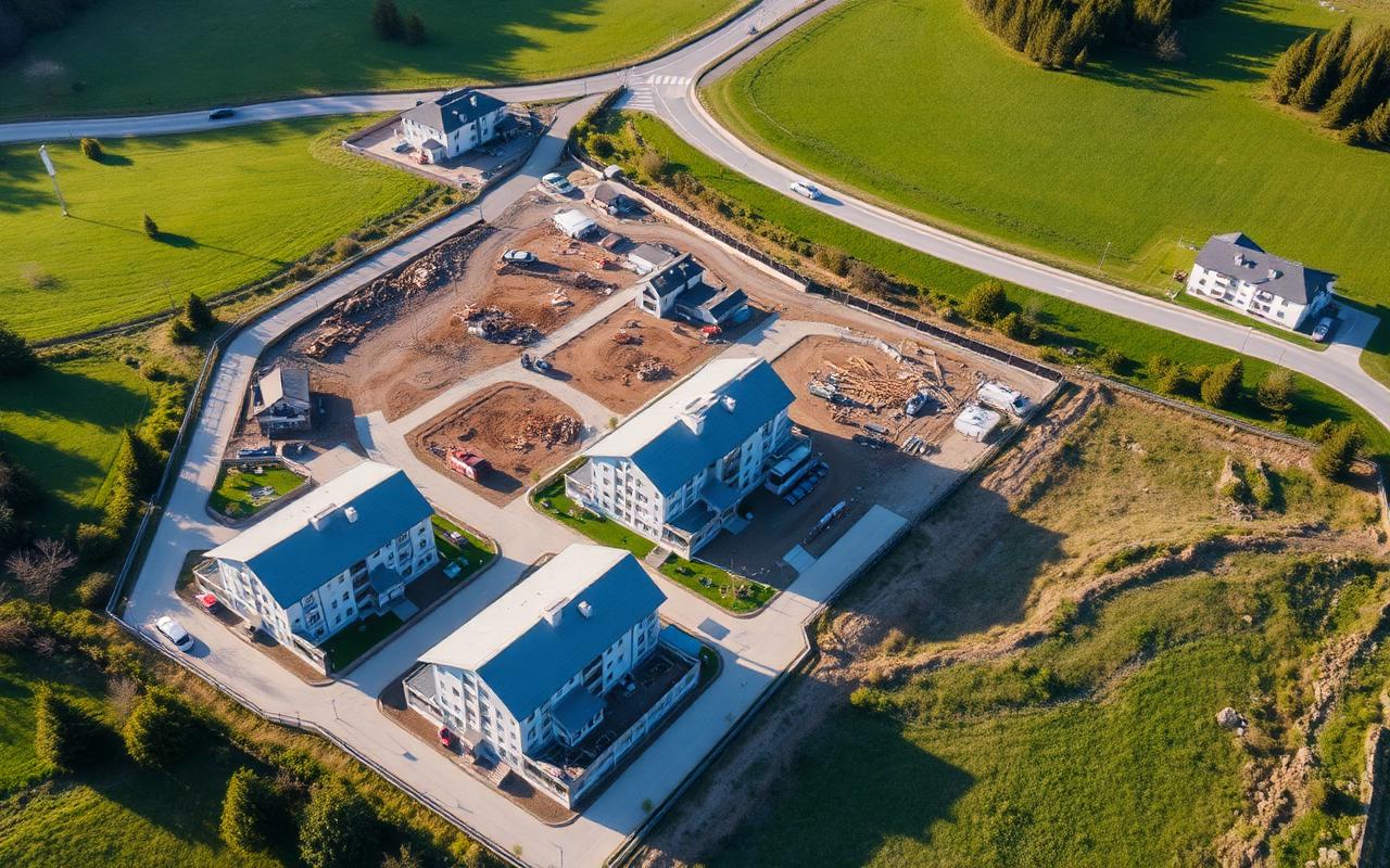 Luftaufnahme einer Wohnüberbauung im Bau – Platzhalterbild Immobilienentwicklung